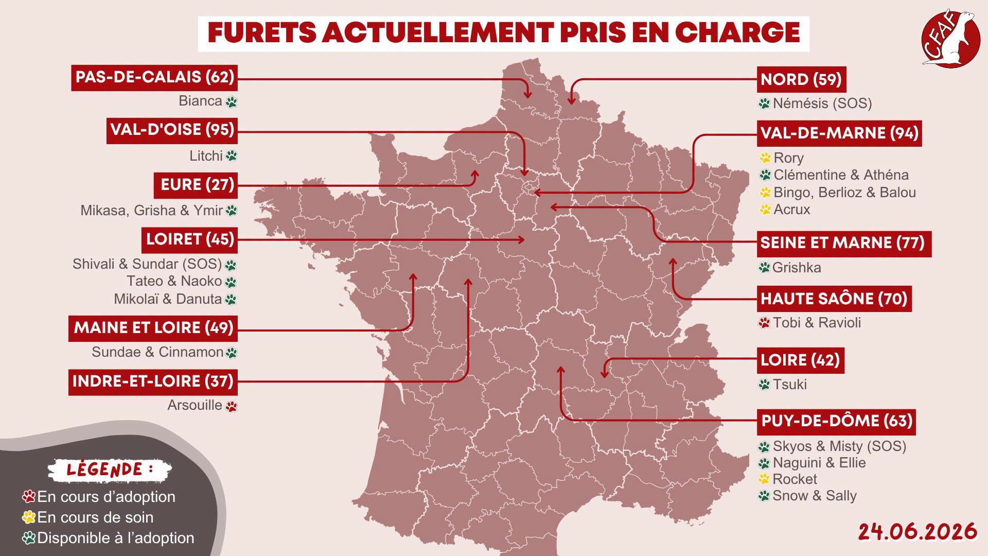 Carte de France des furets actuellement pris en charge par le CFAF