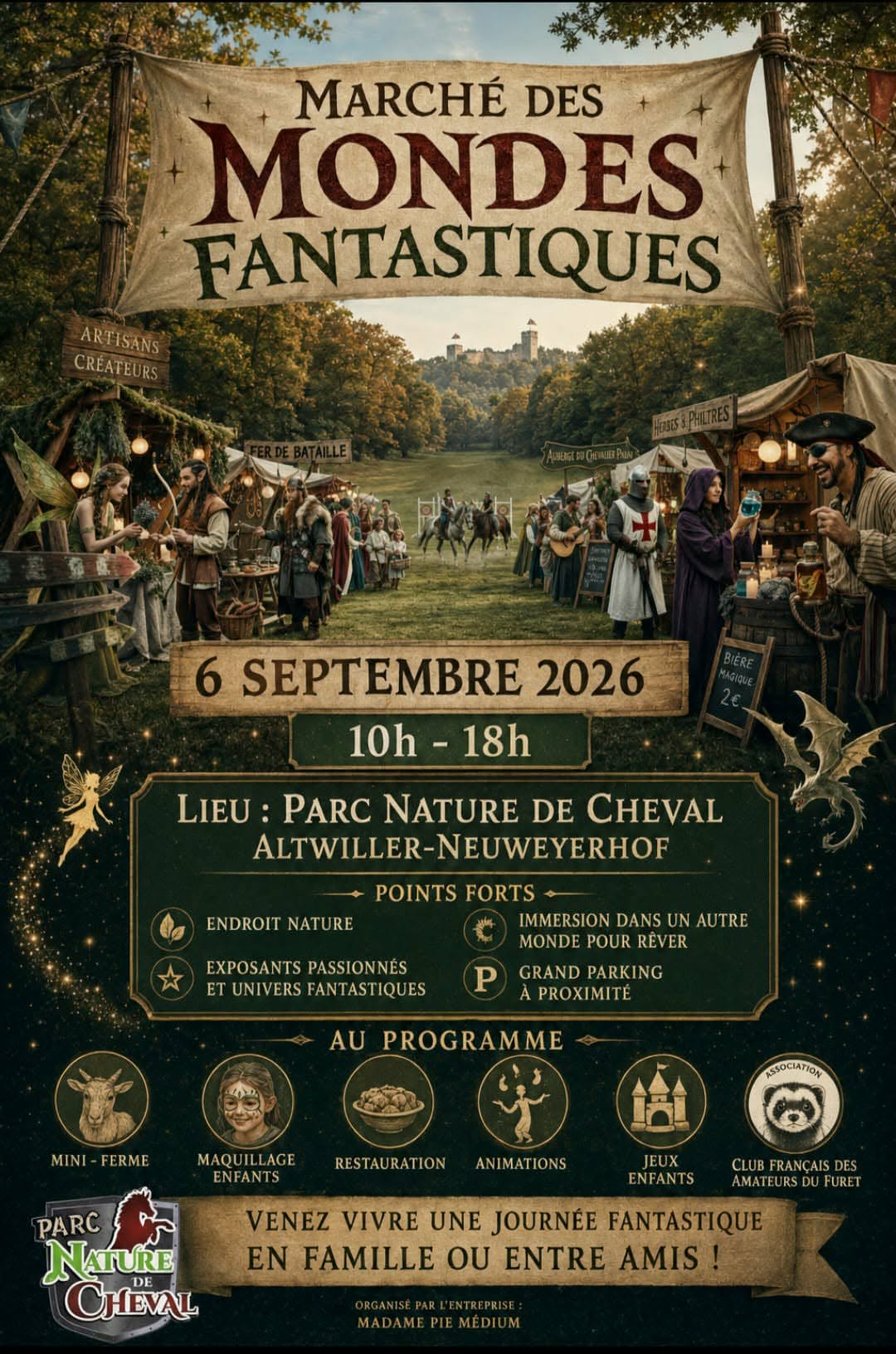 Affiche du Marché des Mondes Fantastiques, 6 septembre 2026 au Parc Nature de Cheval